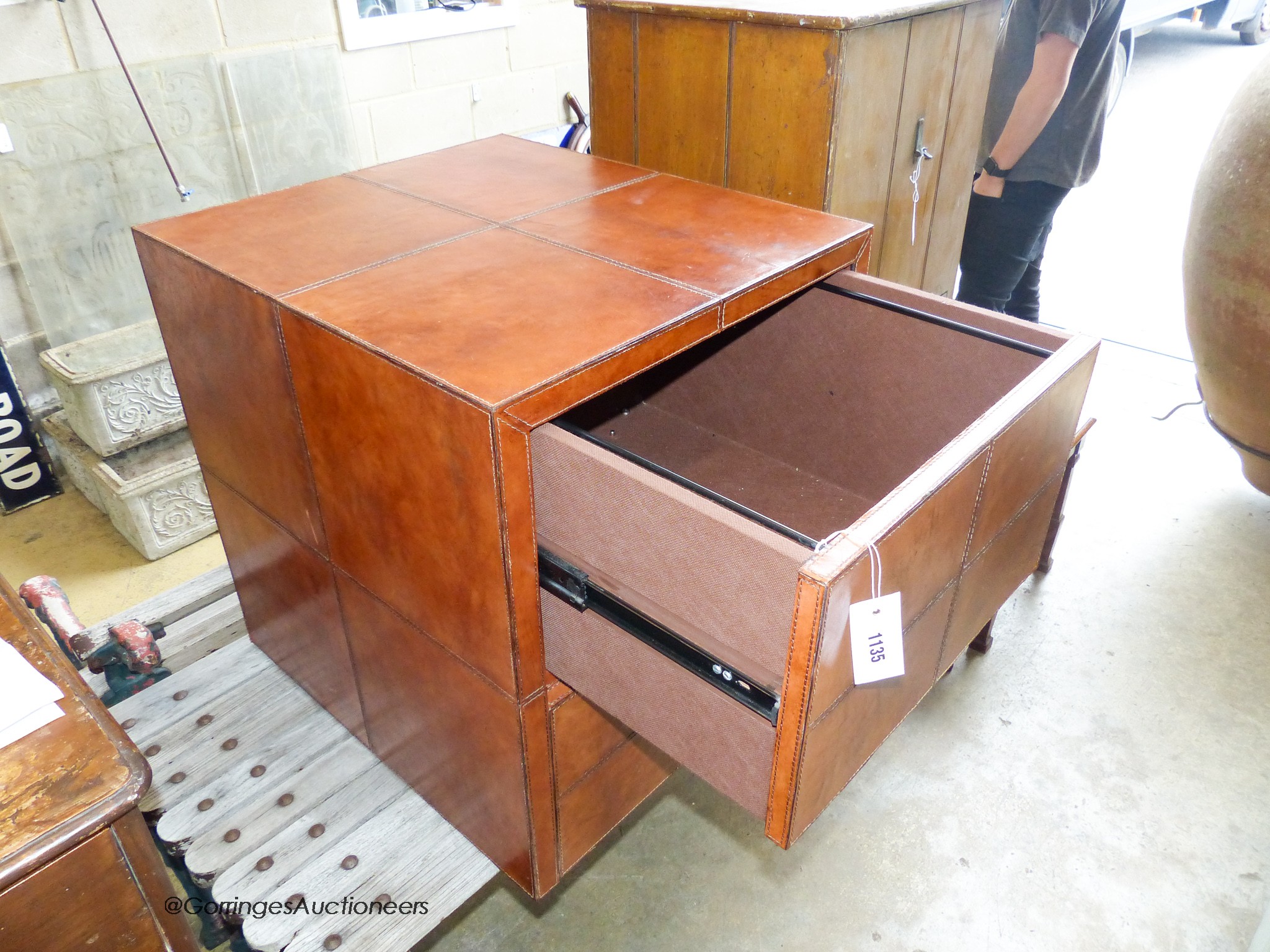 Stitched Tan leather two draw filing cabinet. W-54, D-60, H-62cm.